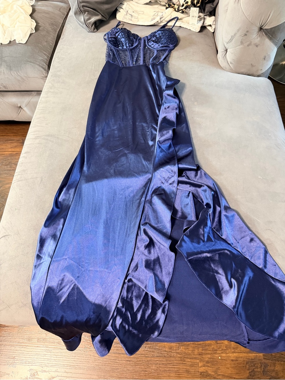 Windsor Deep Navy Satin Ruffle Maxi Skirt